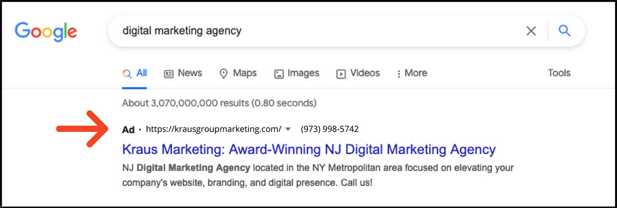 Google Ad example using keyphrase "digital marketing agency"