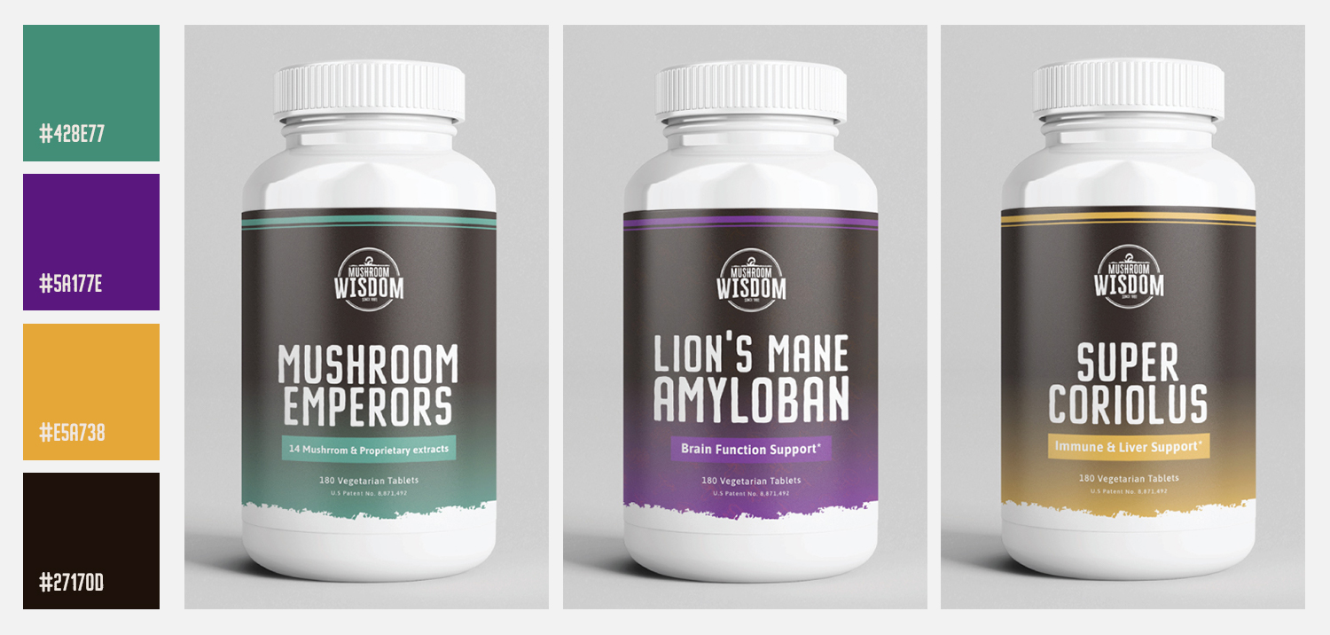 Colors in Visual Identity - Mushroom Wisdom product labels